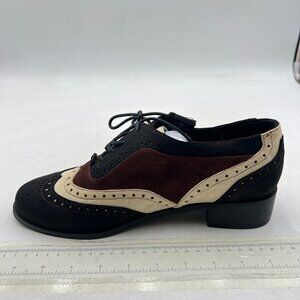 Brown Suede Patchwork Closed Toe Oxford Loafers Wingtip Self Tie Low Heel Pumps